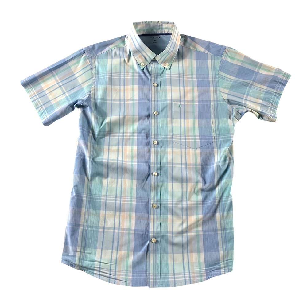 IZOD Short Sleeve Button Down Shirt Mens Plaid‎ Blue Teal Regular Fit M